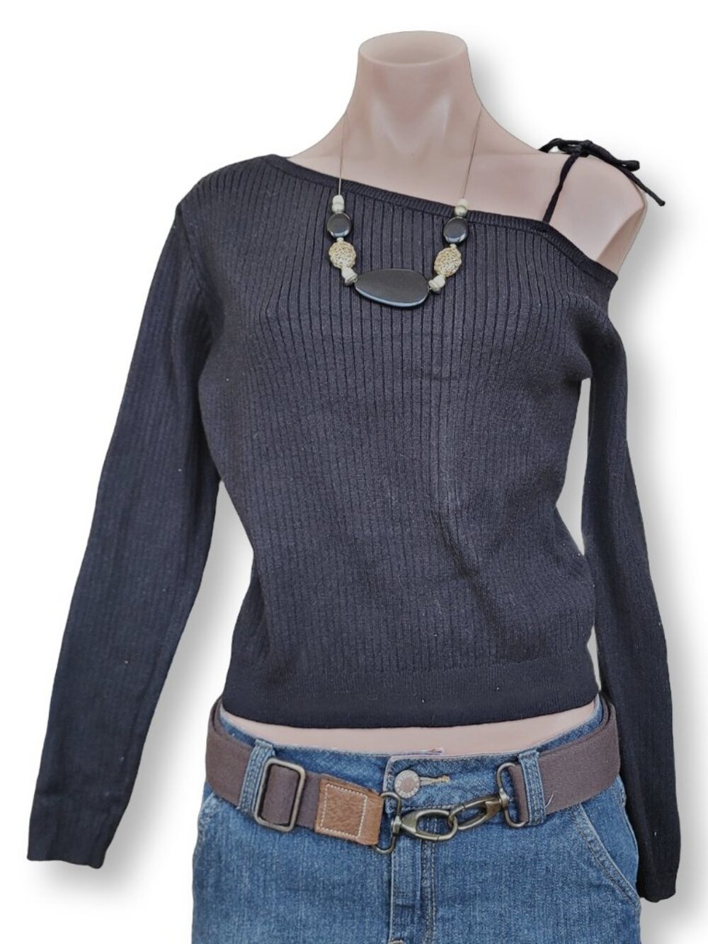 Women's Black Long Sleeve Off Shoulder Bow Ribbon Knit Top (size OS)